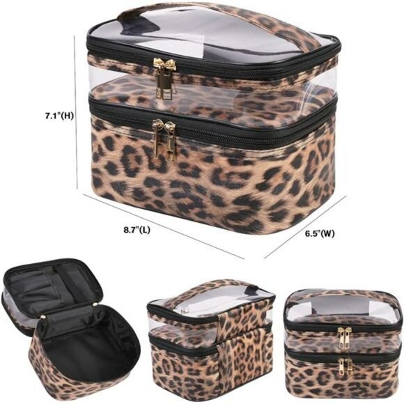 Leopard Makeup Bag Double Layer Travel Toiletry Organizer Cosmetic Case Women - Picture 2 of 7